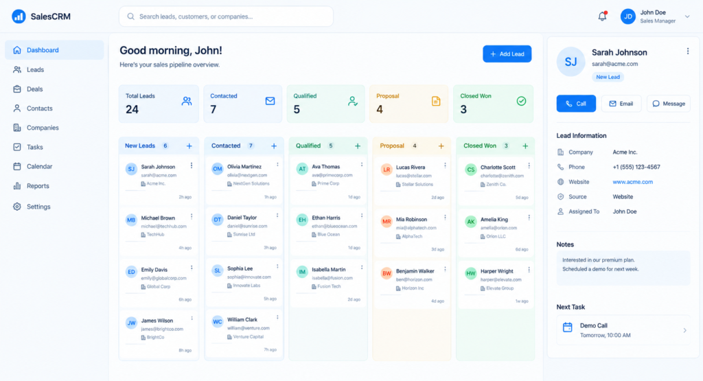 AI agent for sales managing leads in a CRM dashboard